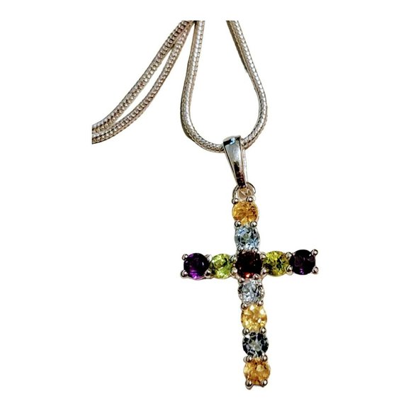 .925 Multi Gemstones Cross & 22" Chain Amethyst Blue Topaz Women Teen Gift Snk7 - Picture 3 of 4